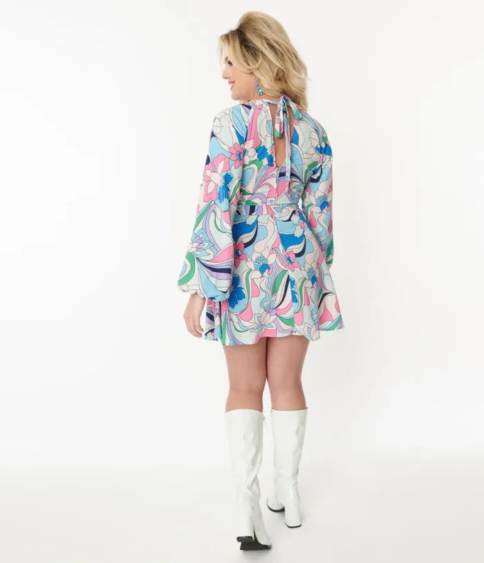 Smak Parlour 1970s Blue and Pink Floral Fit and Flare Dress DressesClothing Unique Vintage Blouses