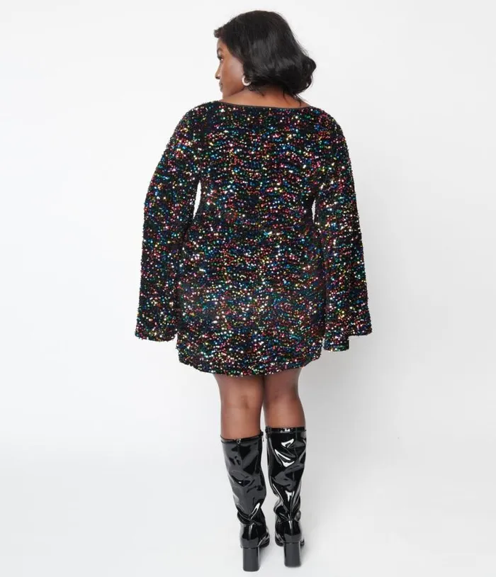 Smak Parlour Black and Rainbow Sequin Downtown Scene Mini Dress DressesPlus Unique Vintage Pocket Dresses