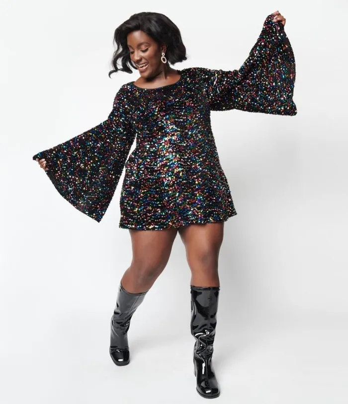 Smak Parlour Black and Rainbow Sequin Downtown Scene Mini Dress DressesPlus Unique Vintage Pocket Dresses