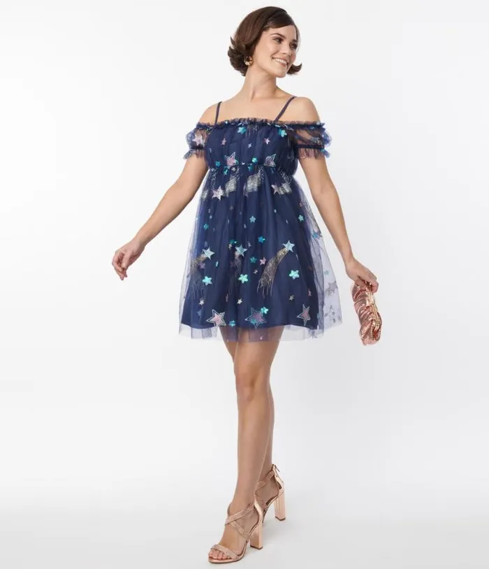 Smak Parlour Navy Glitter Off The Shoulder Babydoll Dress DressesPlus Unique Vintage Babydoll Smak Parlour Navy Glitter Off The Shoulder Babydoll Dress DressesPlus Unique Vintage Babydoll