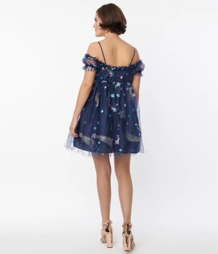 Smak Parlour Navy Glitter Off The Shoulder Babydoll Dress DressesPlus Unique Vintage Babydoll