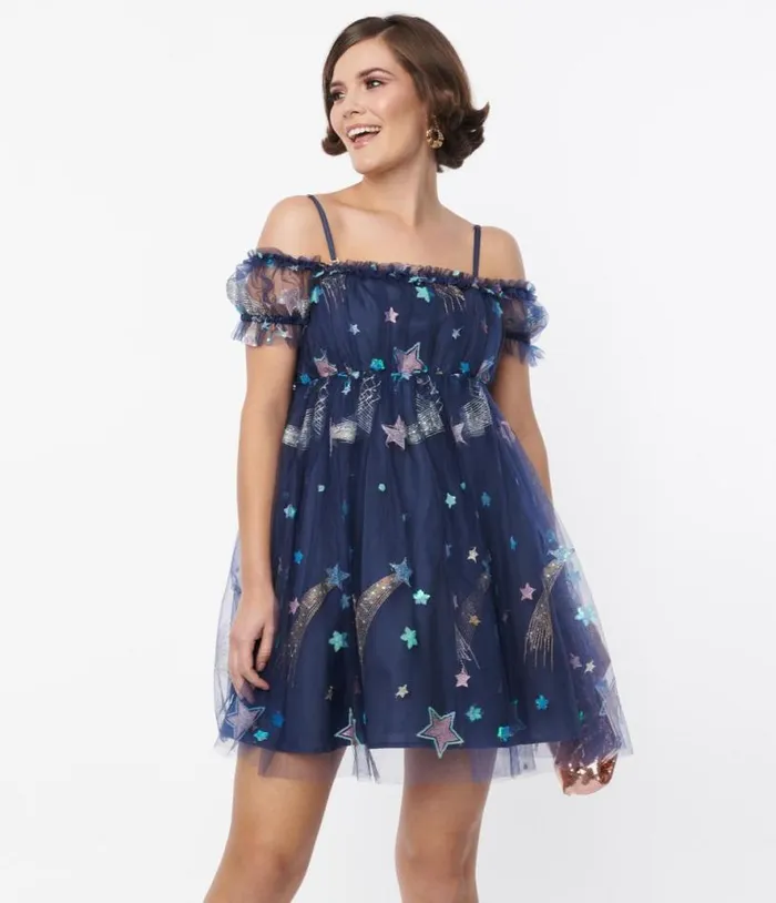 Smak Parlour Navy Glitter Off The Shoulder Babydoll Dress DressesPlus Unique Vintage Babydoll