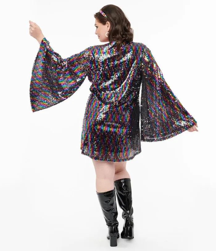Smak Parlour Plus Size 1960s Rainbow Sequin Downtown Scene Mini Dress DressesPlus Unique Vintage Pocket Dresses