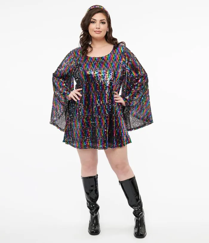 Smak Parlour Plus Size 1960s Rainbow Sequin Downtown Scene Mini Dress DressesPlus Unique Vintage Pocket Dresses