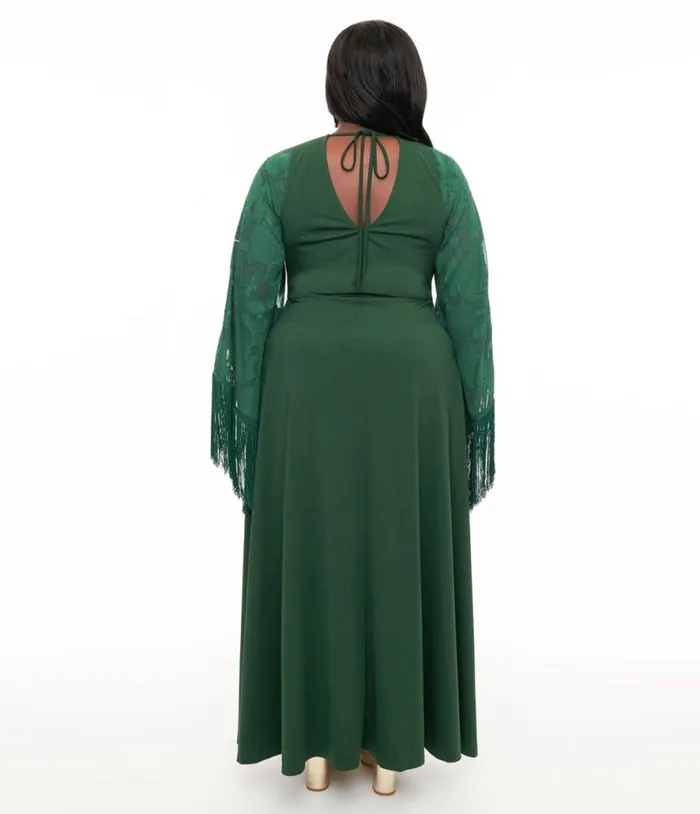 Smak Parlour Plus Size 1970s Green Fringe Sleeve Maxi Dress Dresses Unique Vintage Maxi