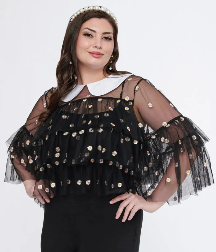 Smak Parlour Plus Size Black Daisy Mesh Ruffle Top ClothingPlus Unique Vintage Blouses