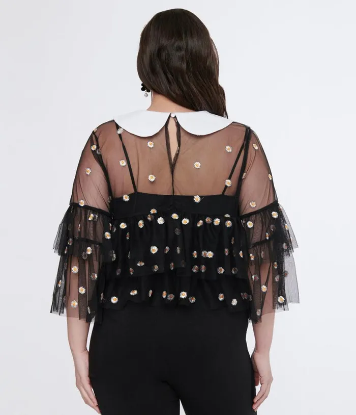 Smak Parlour Plus Size Black Daisy Mesh Ruffle Top ClothingPlus Unique Vintage Blouses