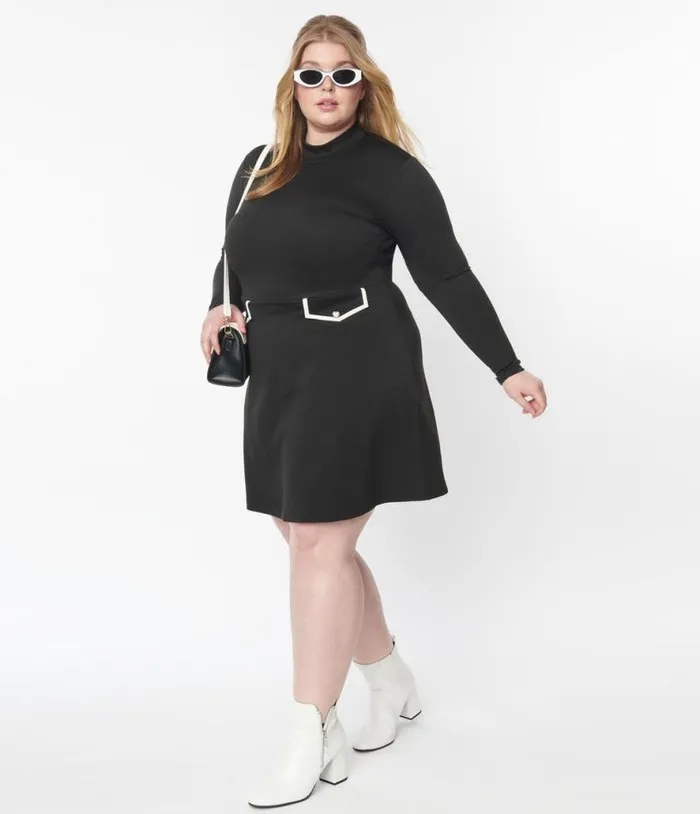 Smak Parlour Plus Size Black Mock Turtleneck Fit and Flare Dress DressesPlus Unique Vintage Fit and Flare