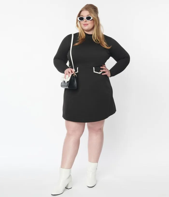 Smak Parlour Plus Size Black Mock Turtleneck Fit and Flare Dress DressesPlus Unique Vintage Fit and Flare