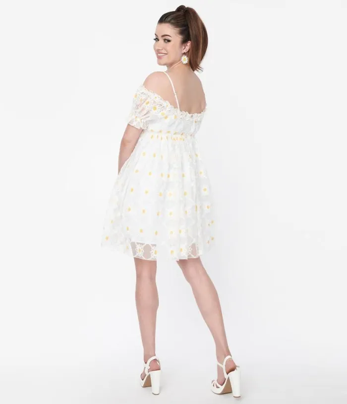 Smak Parlour White Daisy Off The Shoulder Babydoll Dress DressesPlus Unique Vintage Babydoll