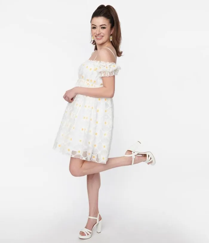 Smak Parlour White Daisy Off The Shoulder Babydoll Dress DressesPlus Unique Vintage Babydoll