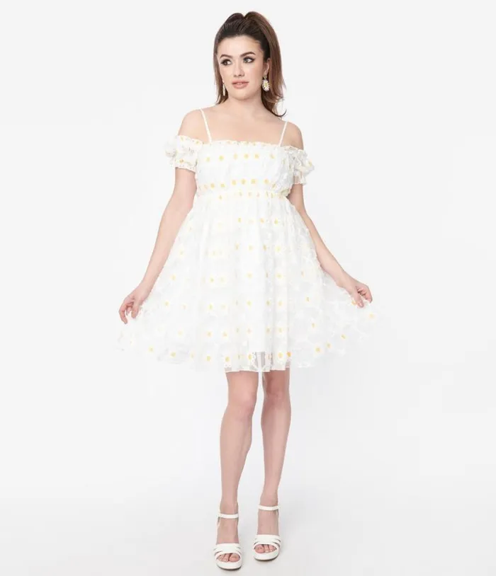Smak Parlour White Daisy Off The Shoulder Babydoll Dress DressesPlus Unique Vintage Babydoll