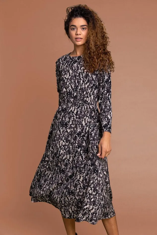 Stone Snake Print Shoulder Frill Midi Dress Women Roman Dresses