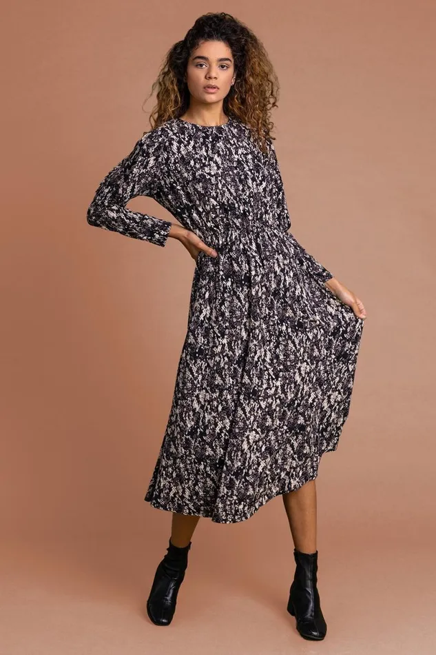 Stone Snake Print Shoulder Frill Midi Dress Women Roman Dresses