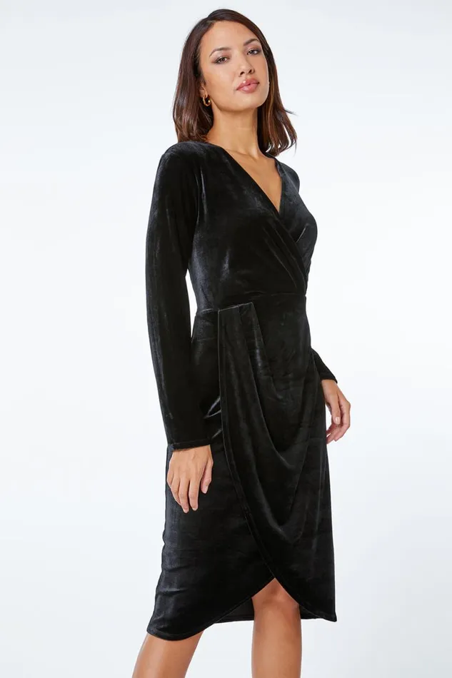 Stretch Velvet Ruched Wrap Midi Dress Women Roman Dresses