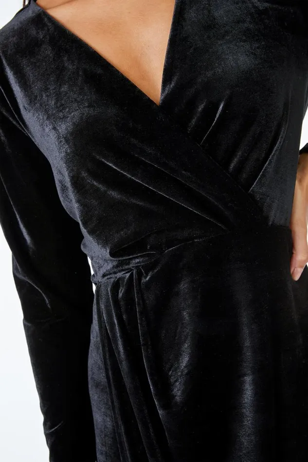 Stretch Velvet Ruched Wrap Midi Dress Women Roman Dresses