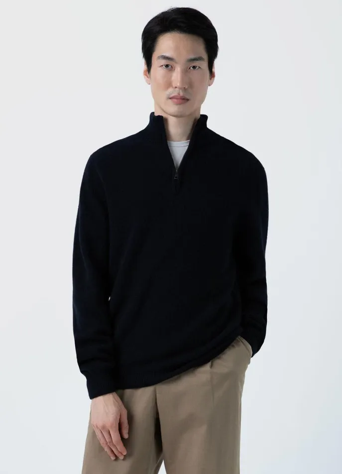 SUNSPEL Knitwear Lambswool Half Zip Jumper Dark Navy Mouline 8211 Men