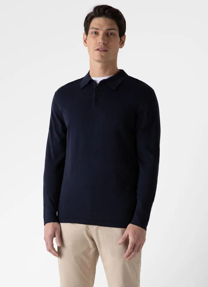 SUNSPEL Knitwear Long Sleeve Sea Island Cotton Polo Shirt Light Navy 8211 Men