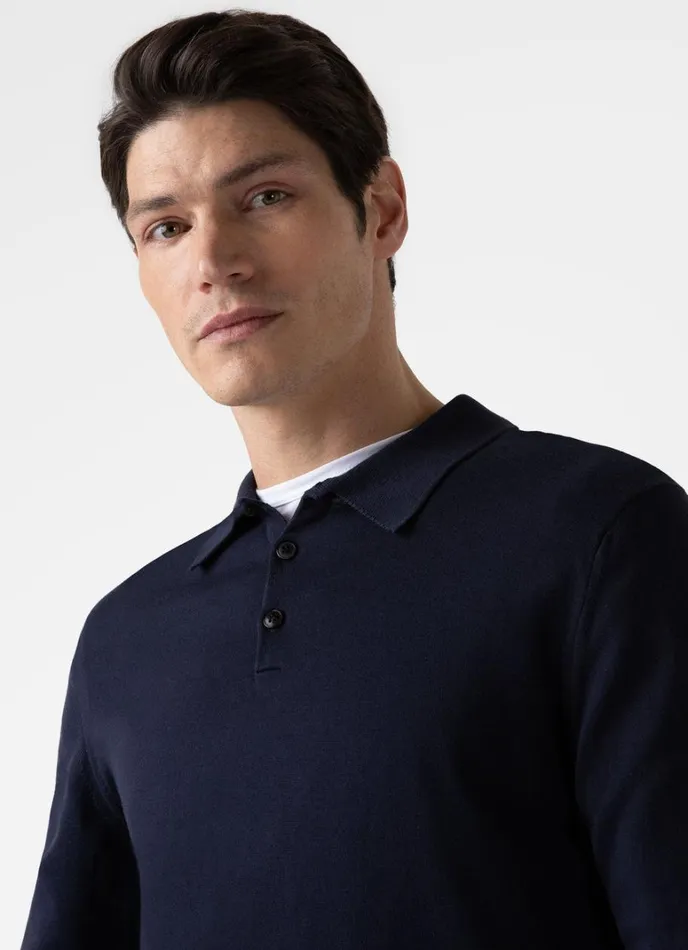 SUNSPEL Knitwear Long Sleeve Sea Island Cotton Polo Shirt Light Navy 8211 Men