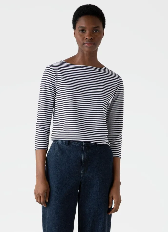 SUNSPEL Tshirts and Tops 34 Sleeve Boat Neck Tshirt Whitenavy 8211 Women