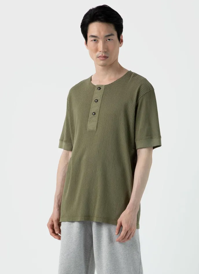 SUNSPEL Tshirts X Nigel Cabourn Mesh Henley Army Green 8211 Men