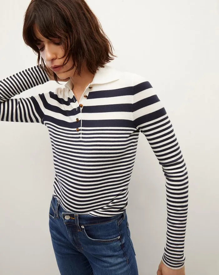 Sweaters Shop Veronica Beard Raj Striped Polo Top Ivorynavy