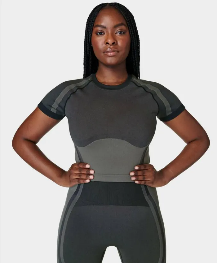 Sweaty Betty Silhouette Sculpt Seamless Short Sleeve Top Black Clothing TShirts