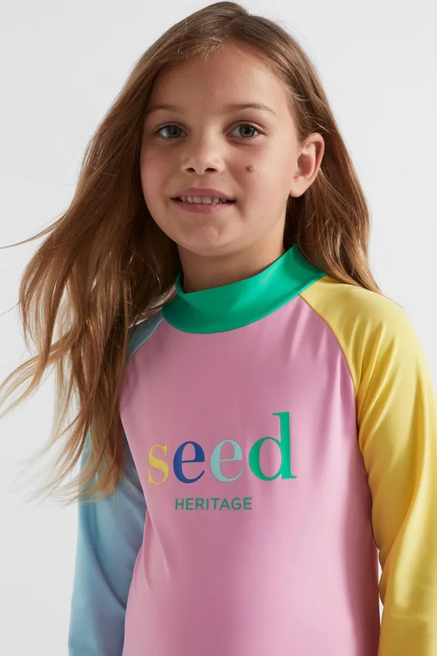 Swimwear Girl Seed Heritage Colourblock Logo Rashsuit Candy Pink Multi