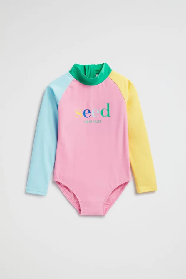 Swimwear Girl Seed Heritage Colourblock Logo Rashsuit Candy Pink Multi