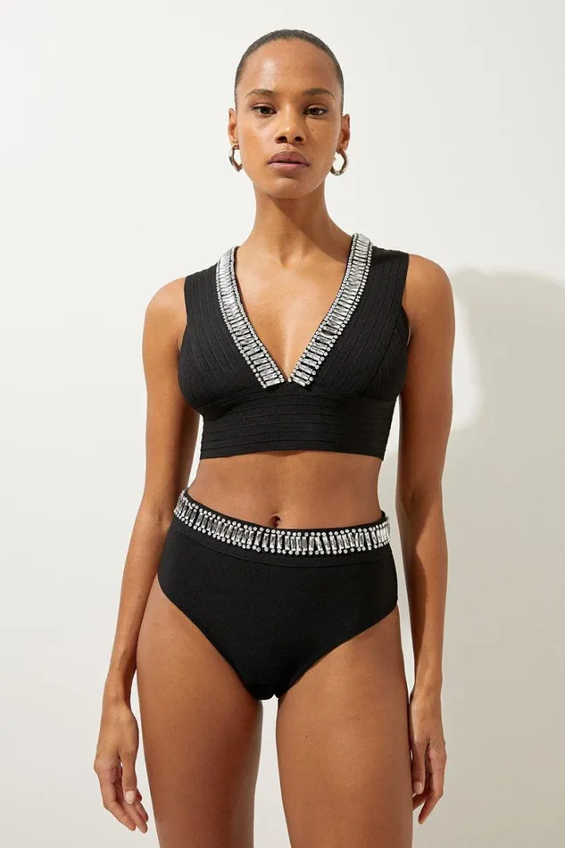 Swimwear Women Karen Millen Bandage Embellished Trim High Waist Bikini Bottoms Black