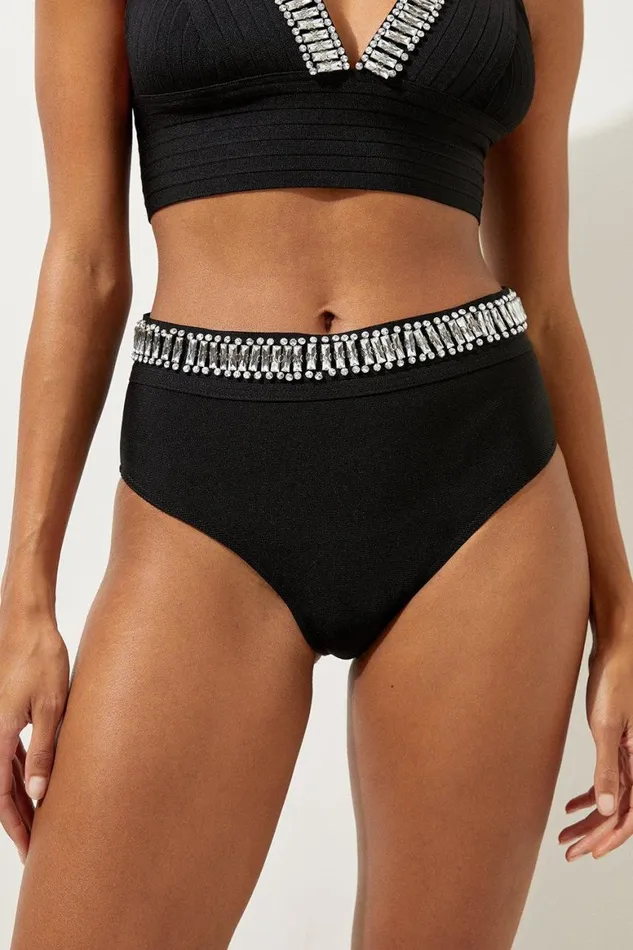 Swimwear Women Karen Millen Bandage Embellished Trim High Waist Bikini Bottoms Black