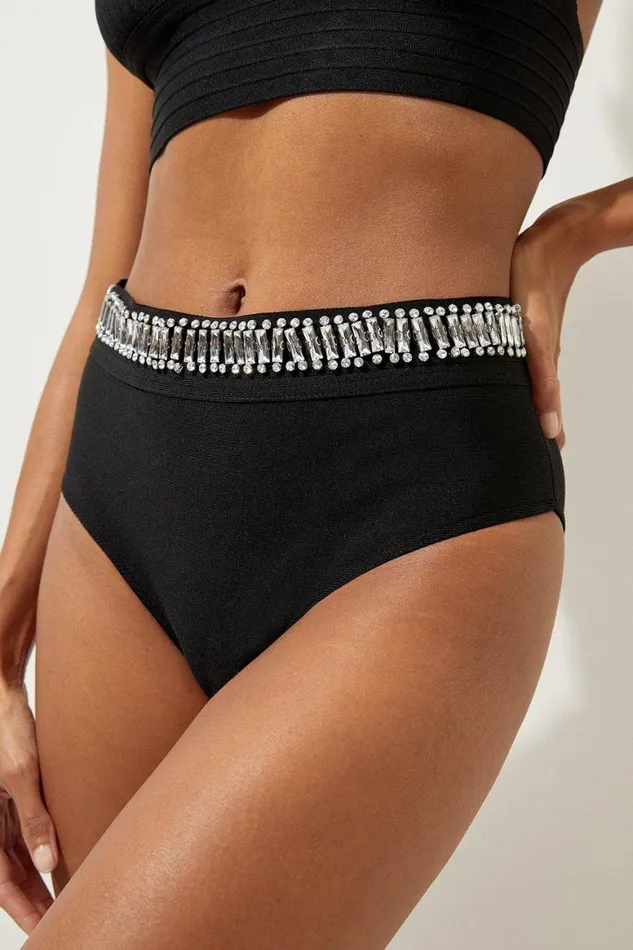 Swimwear Women Karen Millen Bandage Embellished Trim High Waist Bikini Bottoms Black