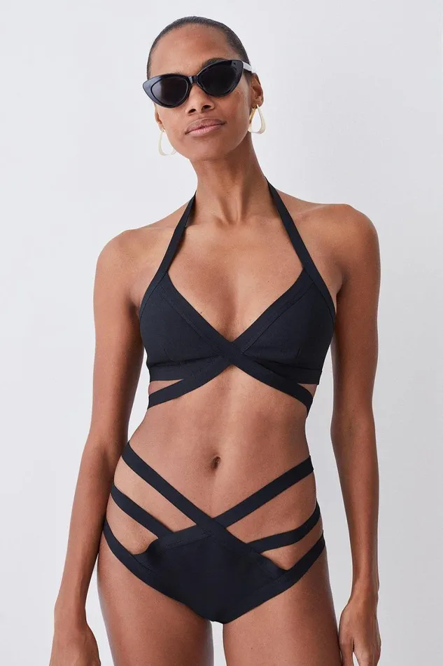 Swimwear Women Karen Millen Bandage Halter Neck Strappy Bikini Top Black
