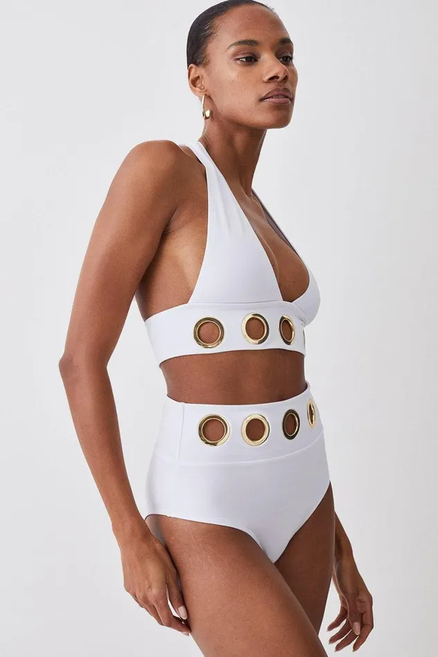 Swimwear Women Karen Millen Eyelet Detail High Waist Bikini Bottoms White