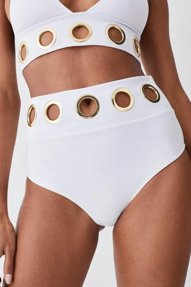 Swimwear Women Karen Millen Eyelet Detail High Waist Bikini Bottoms White