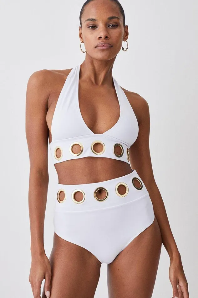 Swimwear Women Karen Millen Eyelet Detail High Waist Bikini Bottoms White