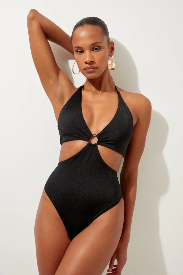 Swimwear Women Karen Millen Slinky Cut Out Ring Detail Swimsuit Black