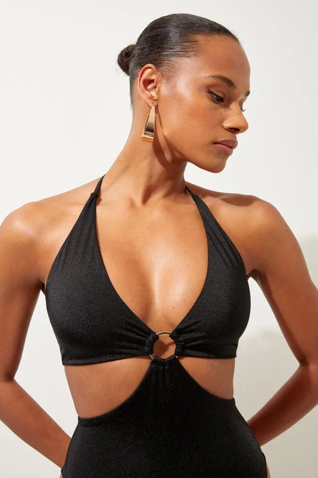 Swimwear Women Karen Millen Slinky Cut Out Ring Detail Swimsuit Black