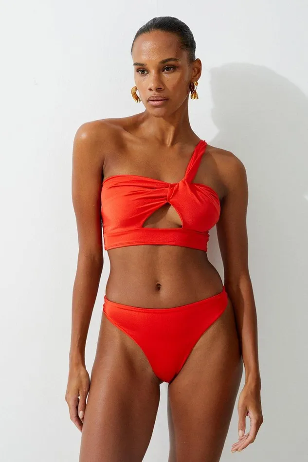 Swimwear Women Karen Millen Slinky High Waist Thong Bikini Bottoms Red