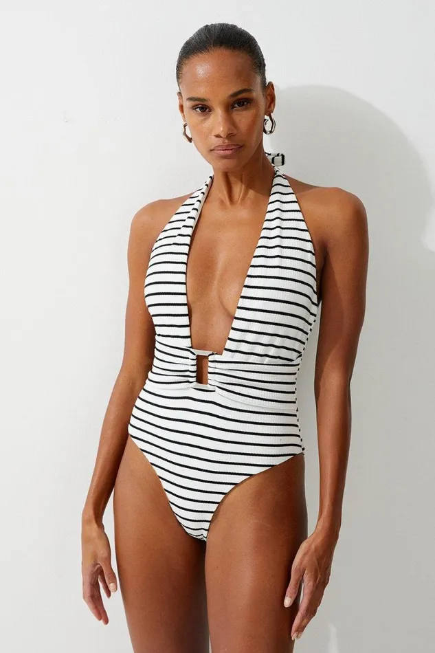 Swimwear Women Karen Millen Textured Stripe Trim Detail High Cut Swimsuit Stripe Swimwear Women Karen Millen Textured Stripe Trim Detail High Cut Swimsuit Stripe