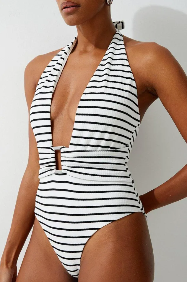Swimwear Women Karen Millen Textured Stripe Trim Detail High Cut Swimsuit Stripe