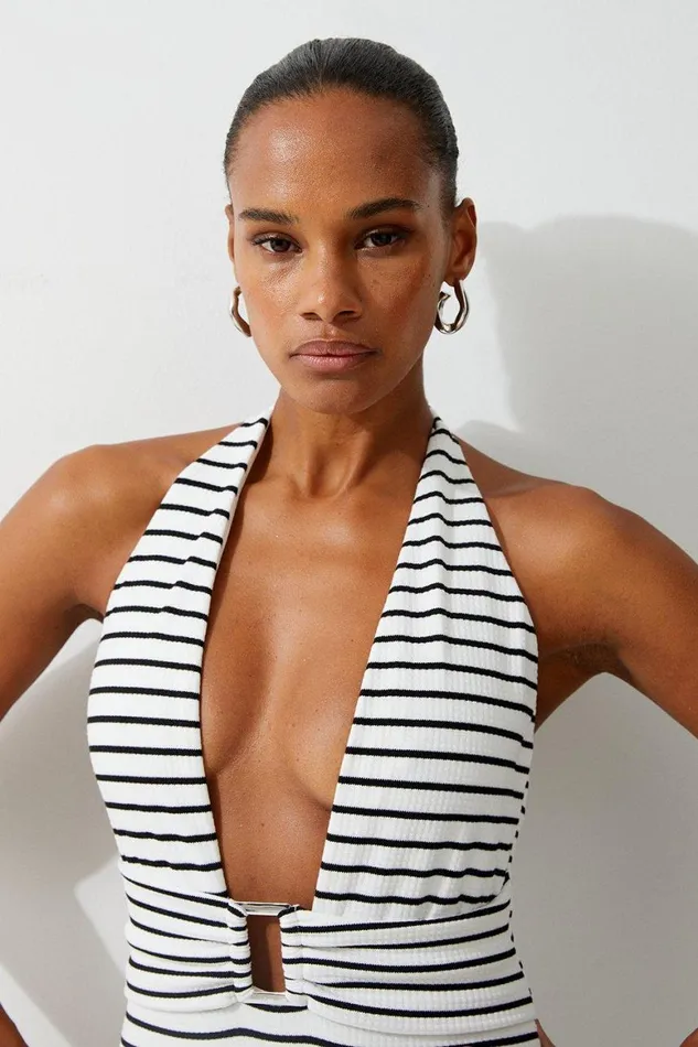Swimwear Women Karen Millen Textured Stripe Trim Detail High Cut Swimsuit Stripe