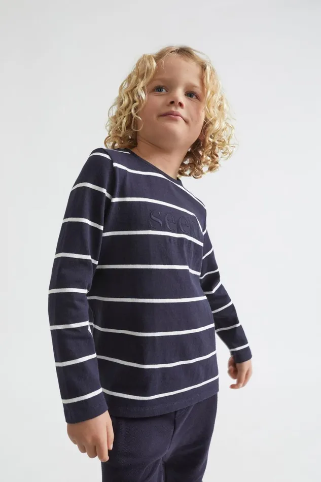 TShirts and Tops Boy Seed Heritage Core Logo Rugby Tee Midnight Blue Stripe