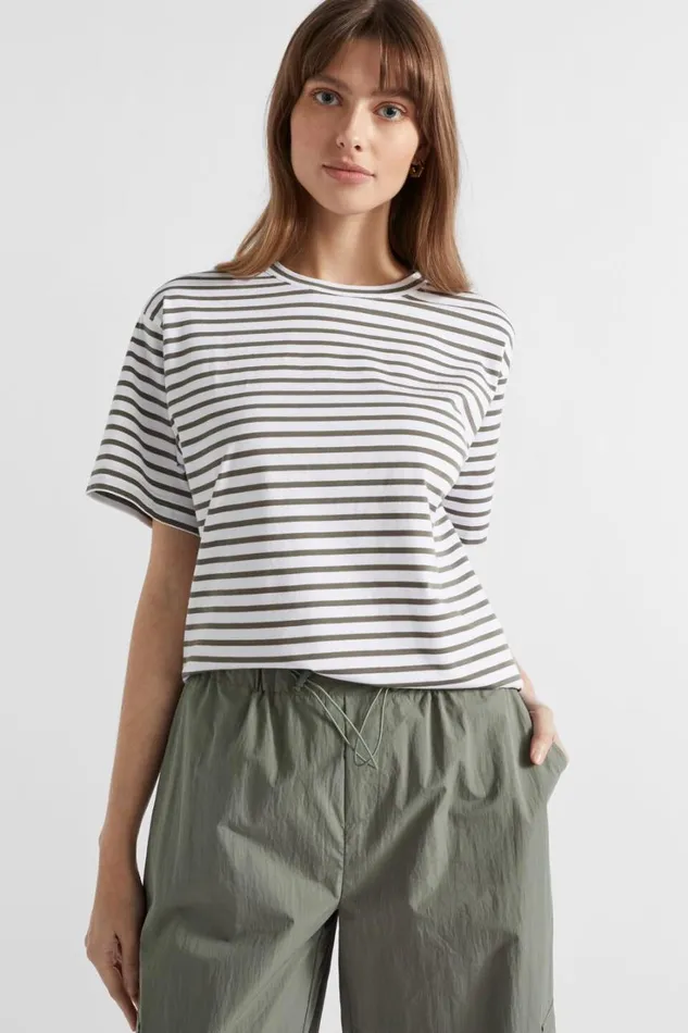 TShirts and Tops Woman Seed Heritage Core Boyfriend Tee Smokey Olive Stripe