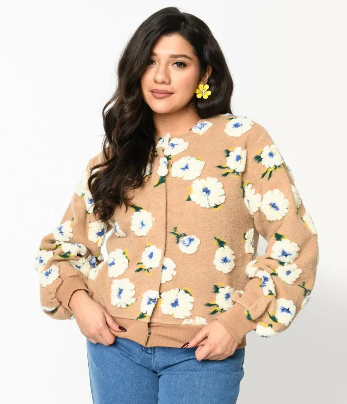 Tan and 3D White Floral Cardigan ClothingPlus Unique Vintage Jackets