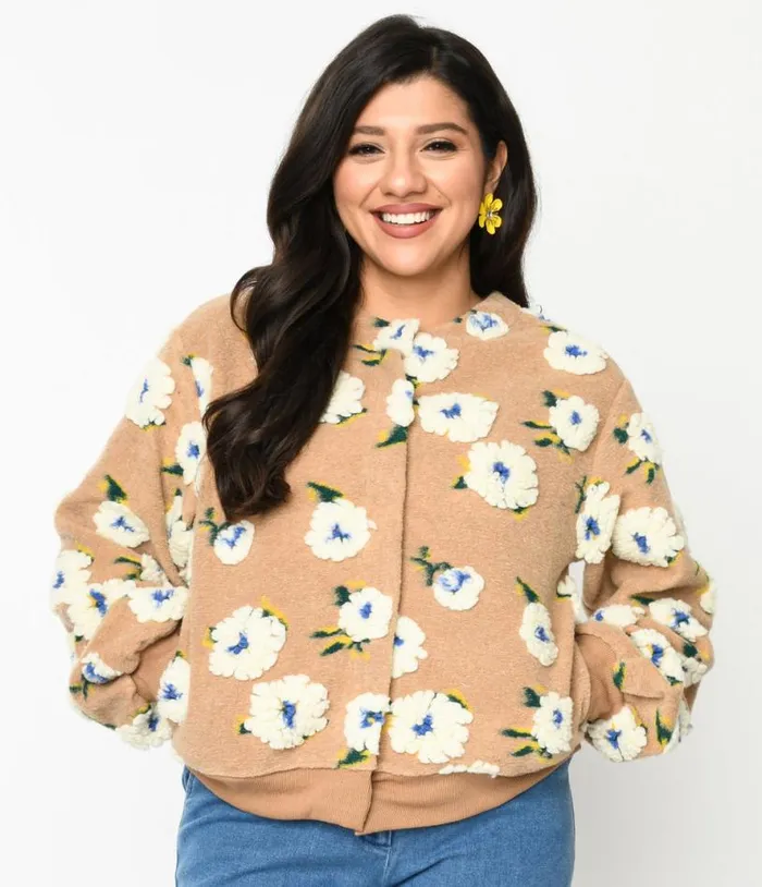 Tan and 3D White Floral Cardigan ClothingPlus Unique Vintage Jackets