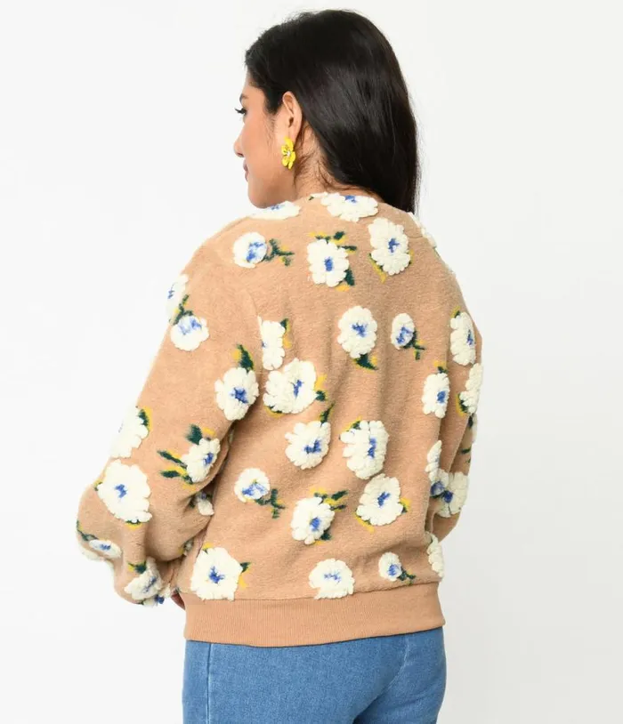 Tan and 3D White Floral Cardigan ClothingPlus Unique Vintage Jackets