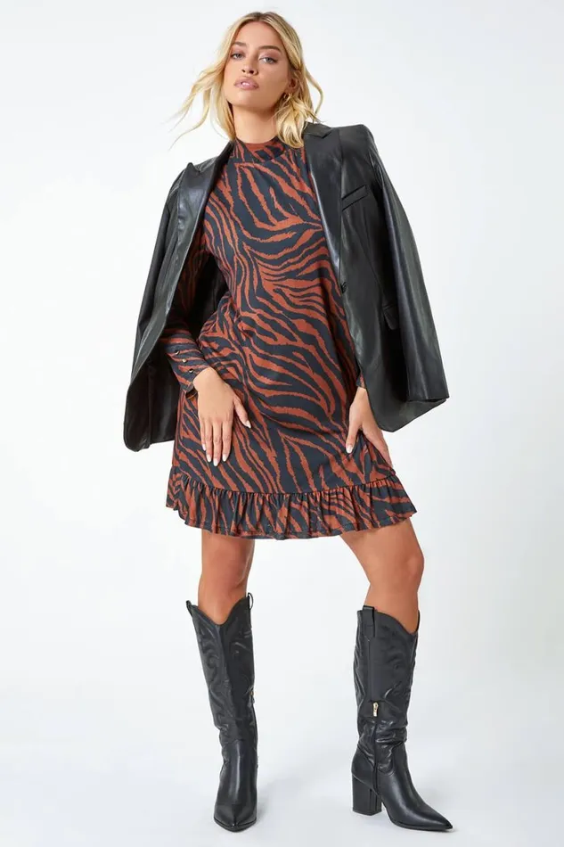 Tan Tiger Print Frill Hem Mesh Dress Women Roman Dresses