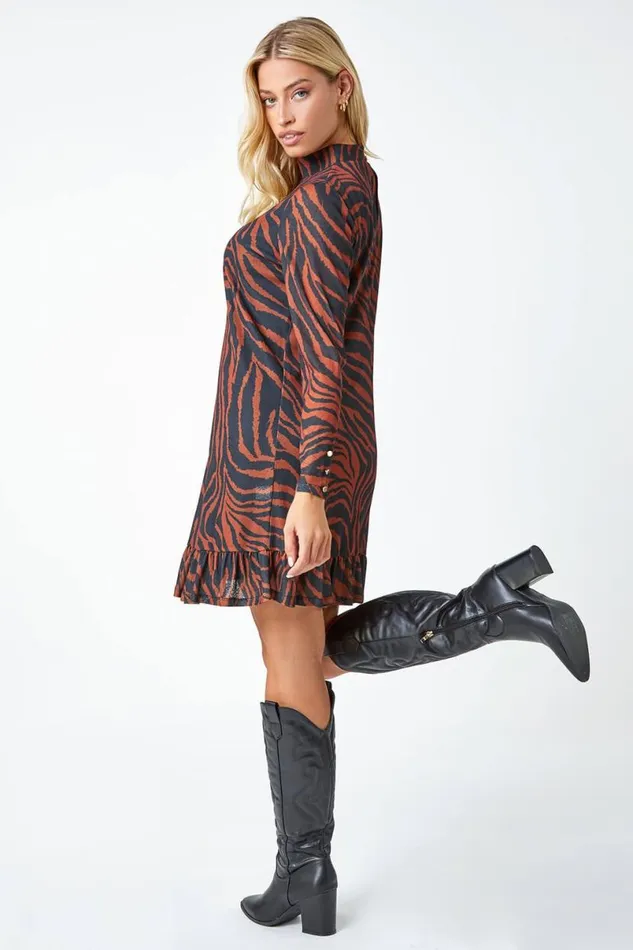 Tan Tiger Print Frill Hem Mesh Dress Women Roman Dresses