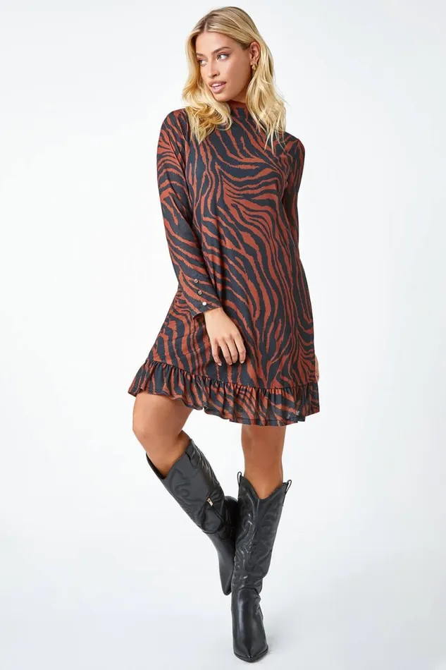 Tan Tiger Print Frill Hem Mesh Dress Women Roman Dresses